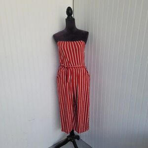 Capella Women's Red White Striped Strapless Stretch Jumpsuit Waist Tie Sz S